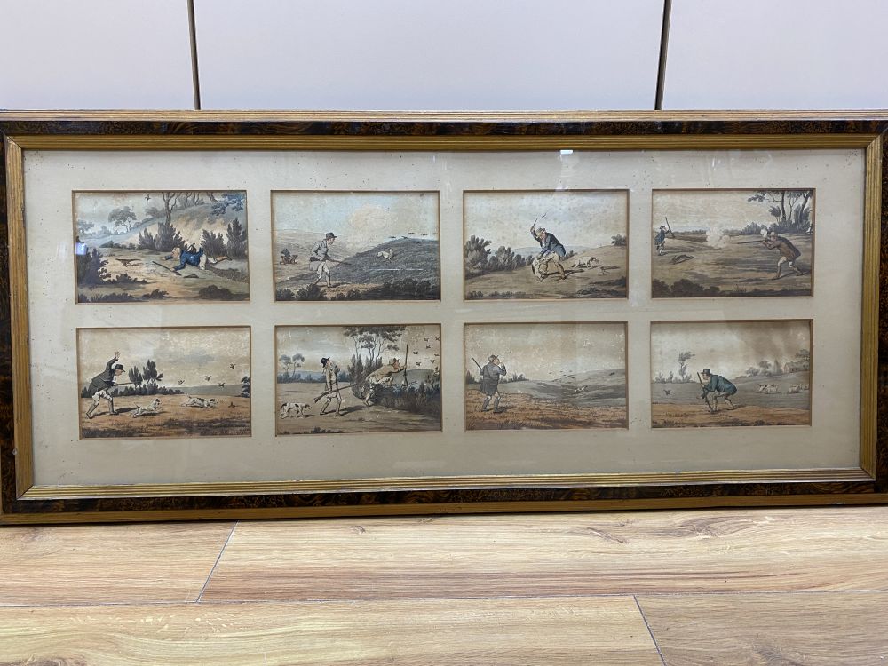 After Robert Frankland, a set of eight coloured engravings, Shooting, each 12 x 18cm, framed as one